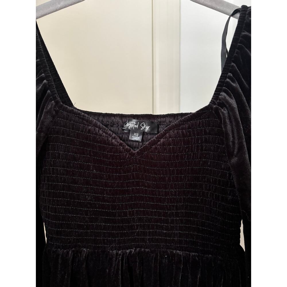 Crystal Sky Black Velvet Babydoll Dress XS Long Sleeve Gothic Cottagecore Mini - Picture 4 of 8